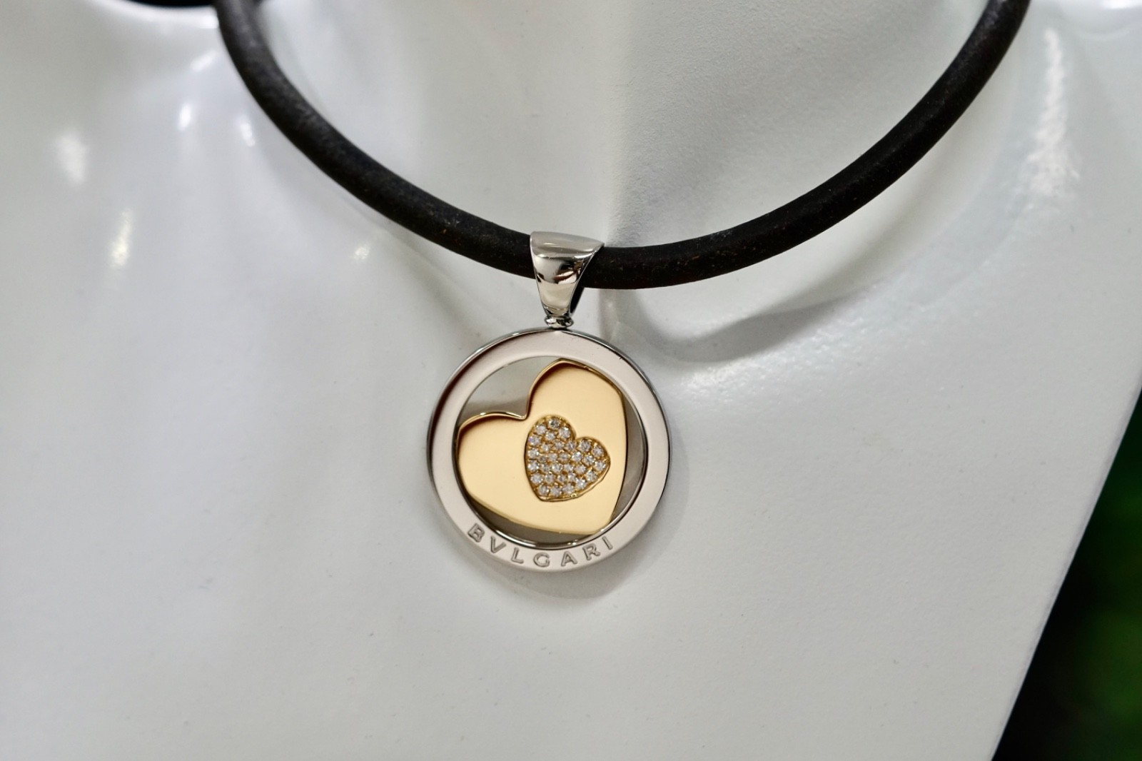 Bvlgari 18K Yellow Gold Stainless Steel Tondo Diamond Set Heart Pendant Necklace 