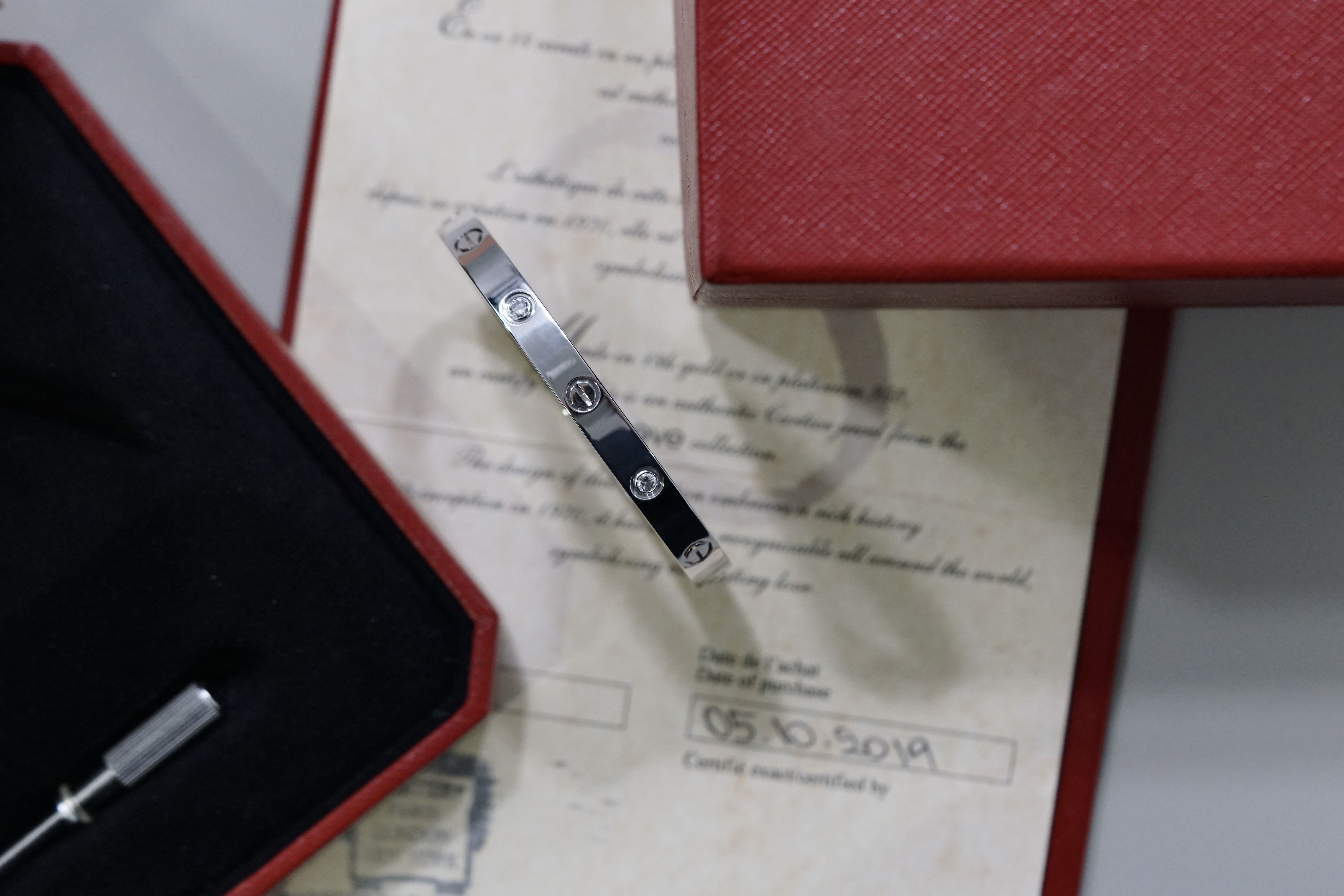 Cartier Love Bracelet 18k White Gold 4 Diamond Size 17 B6070117 B&P 2019 
